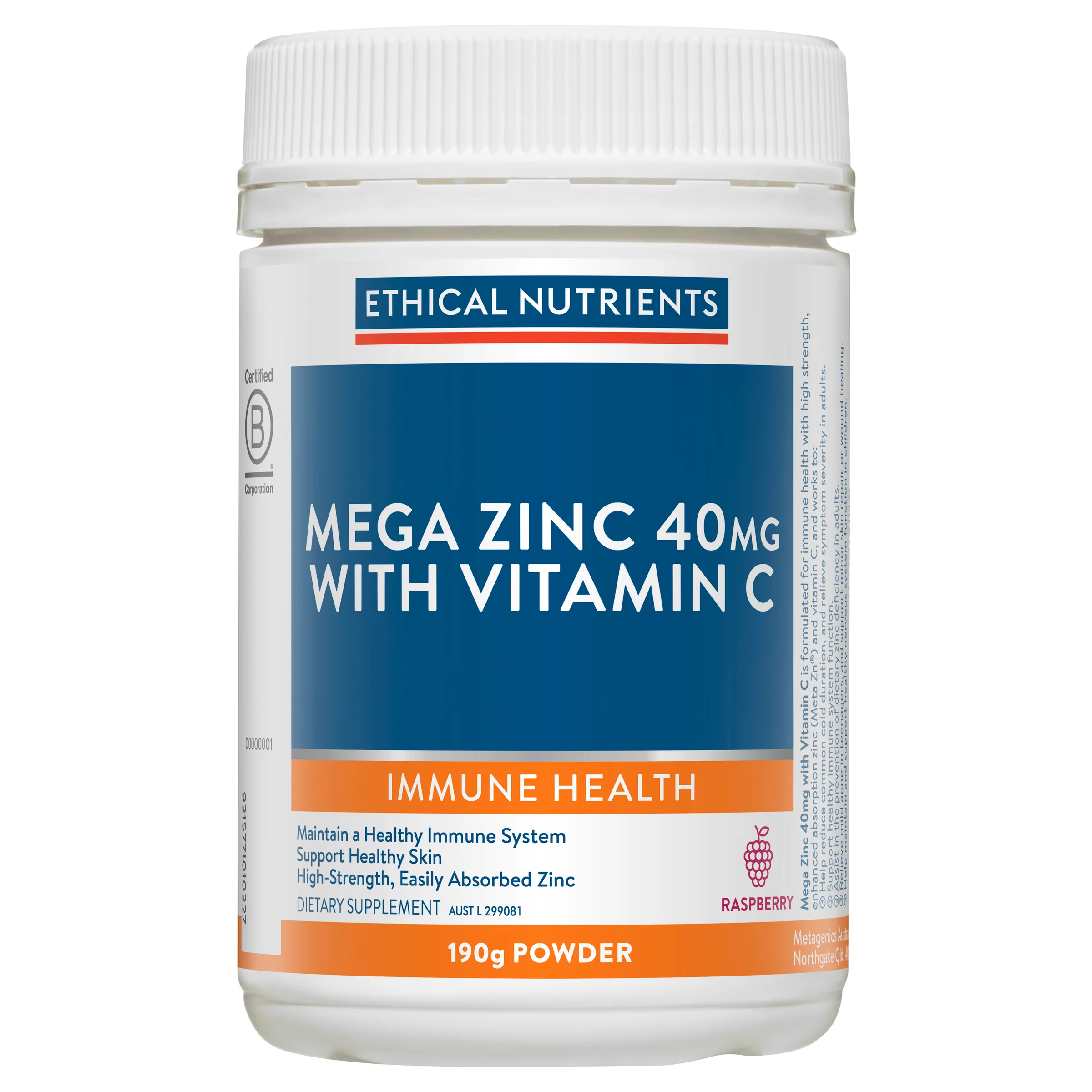 Mega Zinc 40mg with Vitamin C Raspberry 190g Powder